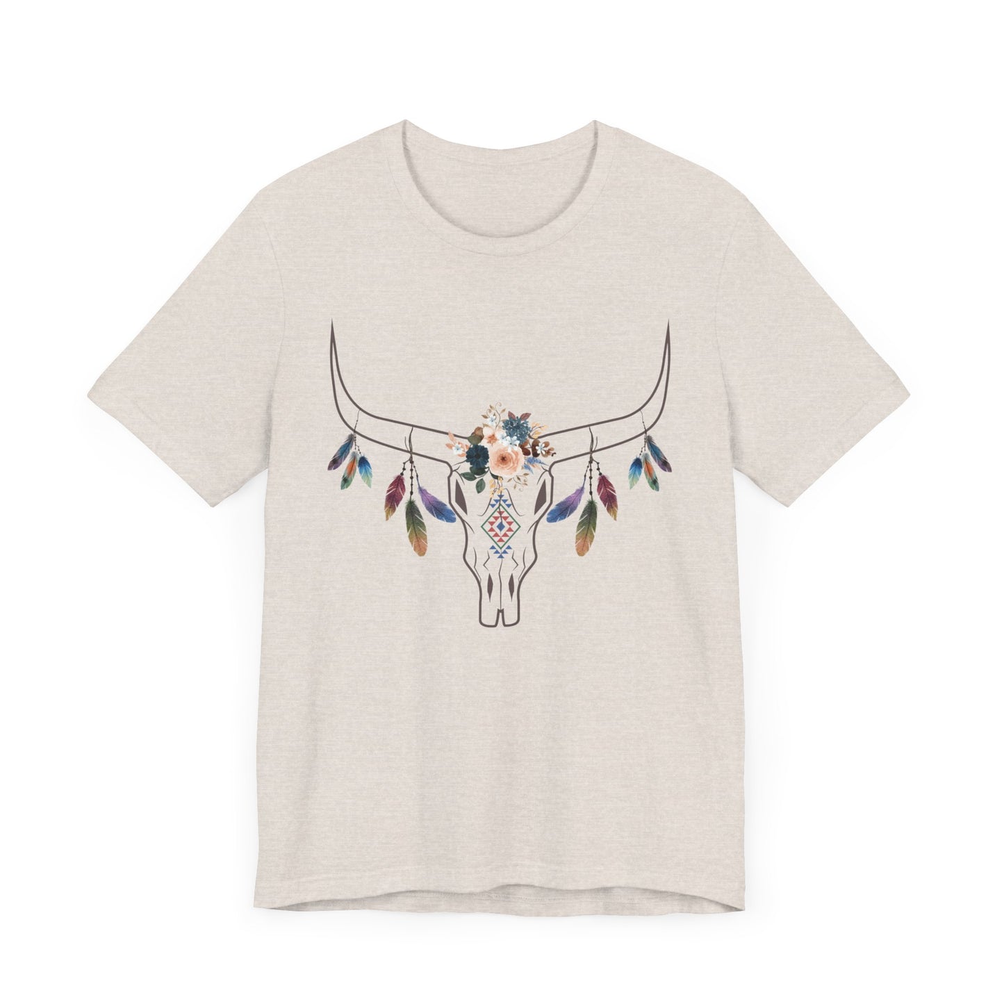 Boho-Chic Short Sleeve Tee with Floral Skull Design