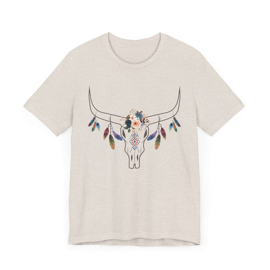 Boho-Chic Short Sleeve Tee with Floral Skull Design