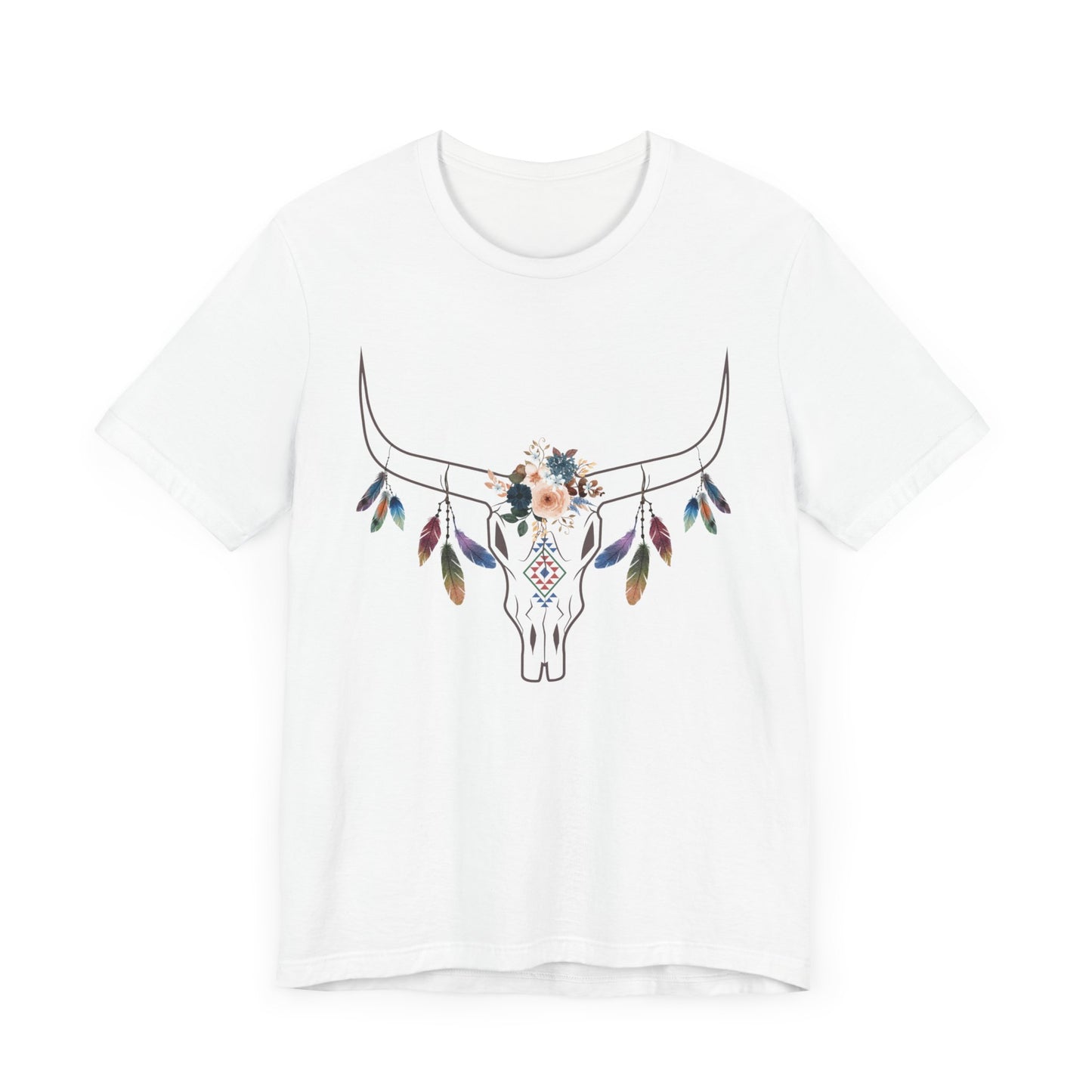 Boho-Chic Short Sleeve Tee with Floral Skull Design