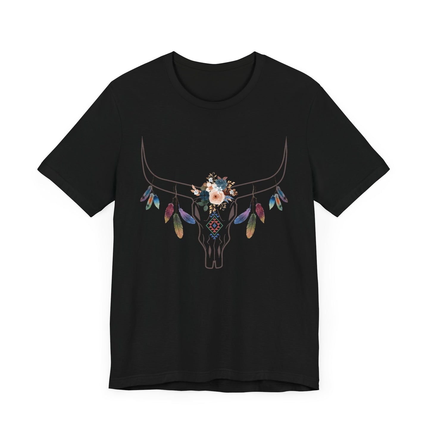 Boho-Chic Short Sleeve Tee with Floral Skull Design