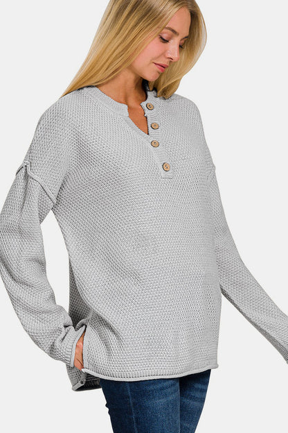 Zenana Button Closure Drop Shoulder Sweater